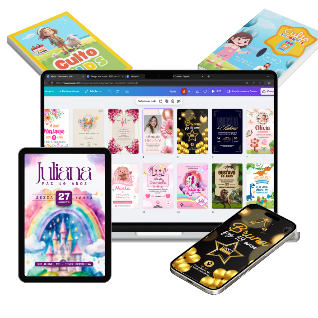 Mockup com convites digitais sendo editados no Canva