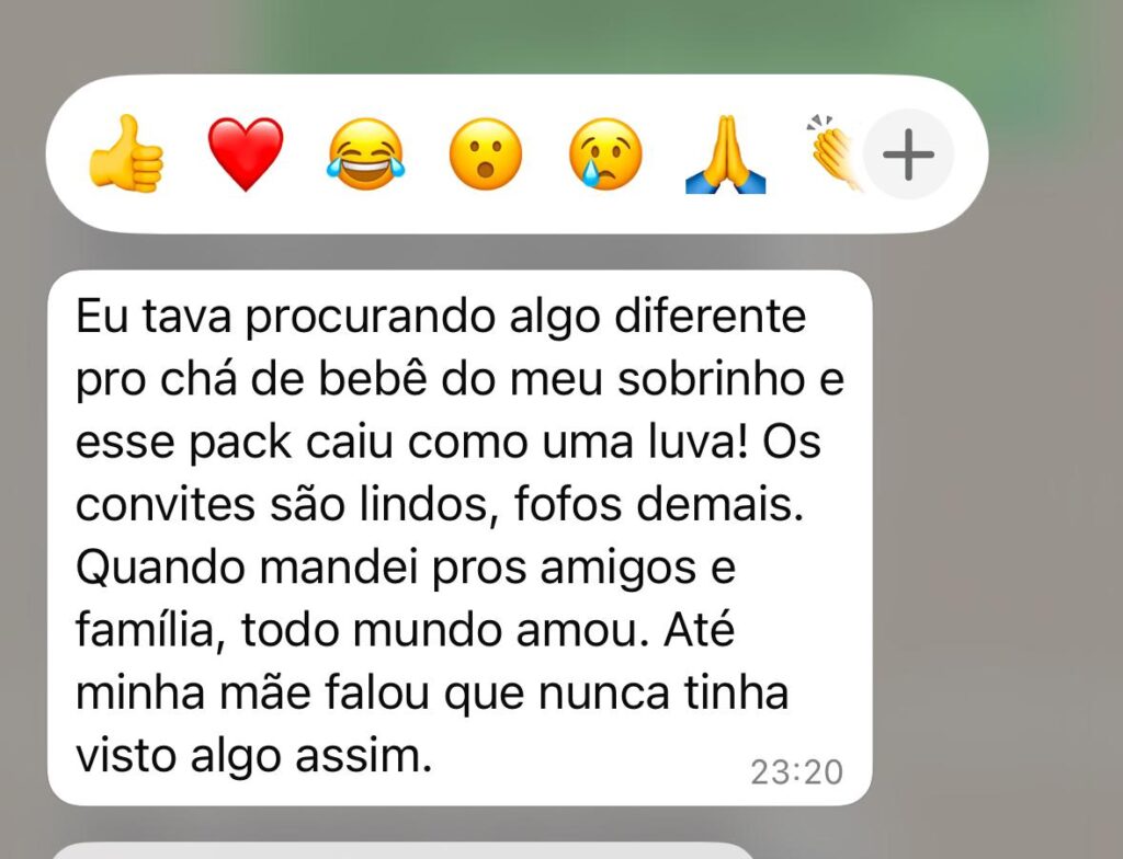 Depoimento de cliente sobre o pack no WhatsApp